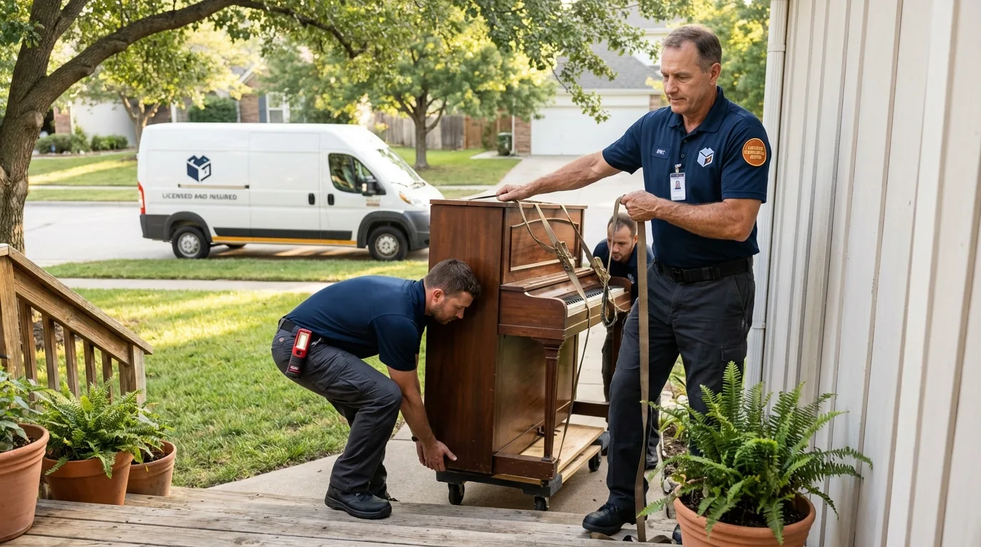 Licensed piano movers securing grand piano in Lockport, IL