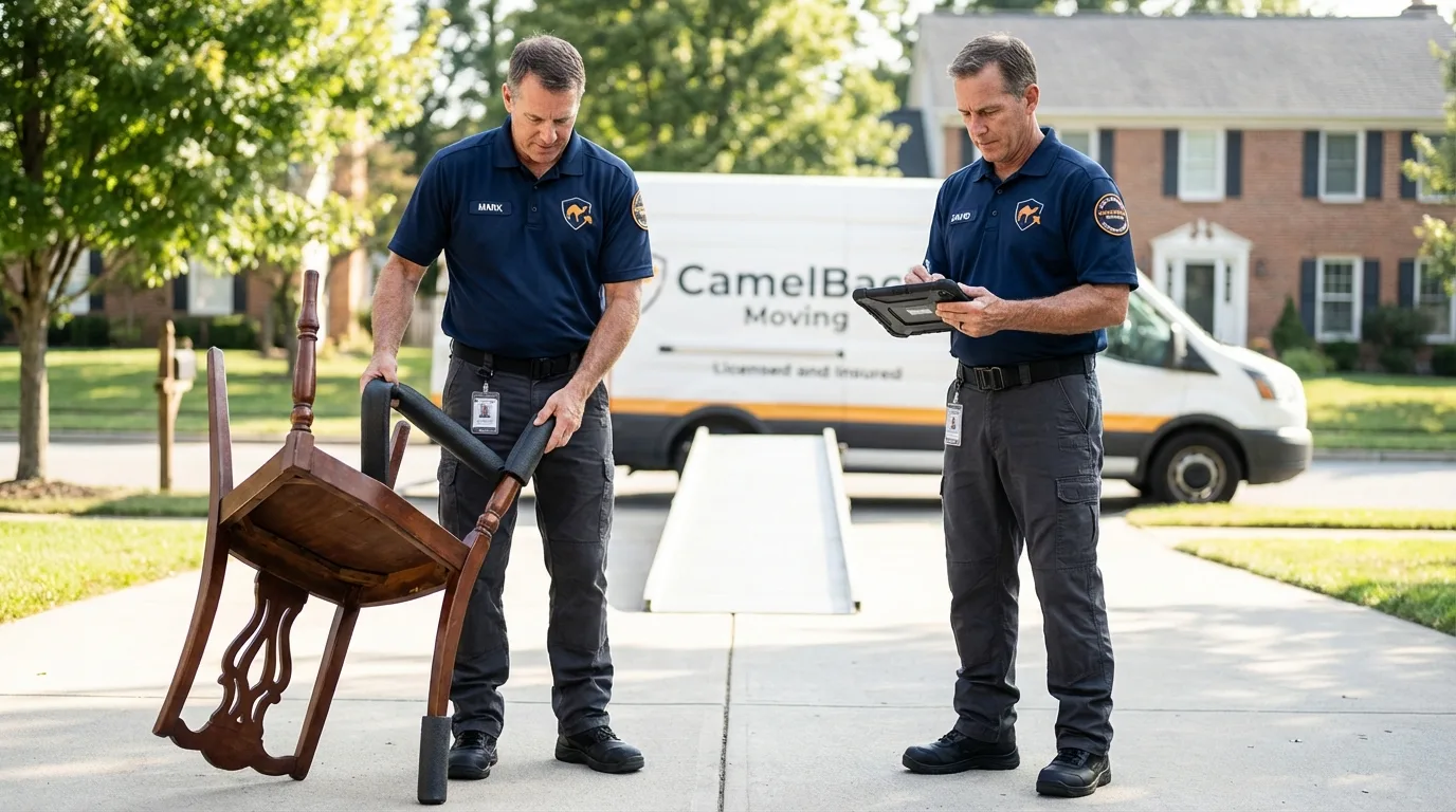 Movers inspecting furniture for damage prevention before loading in Lockport, IL